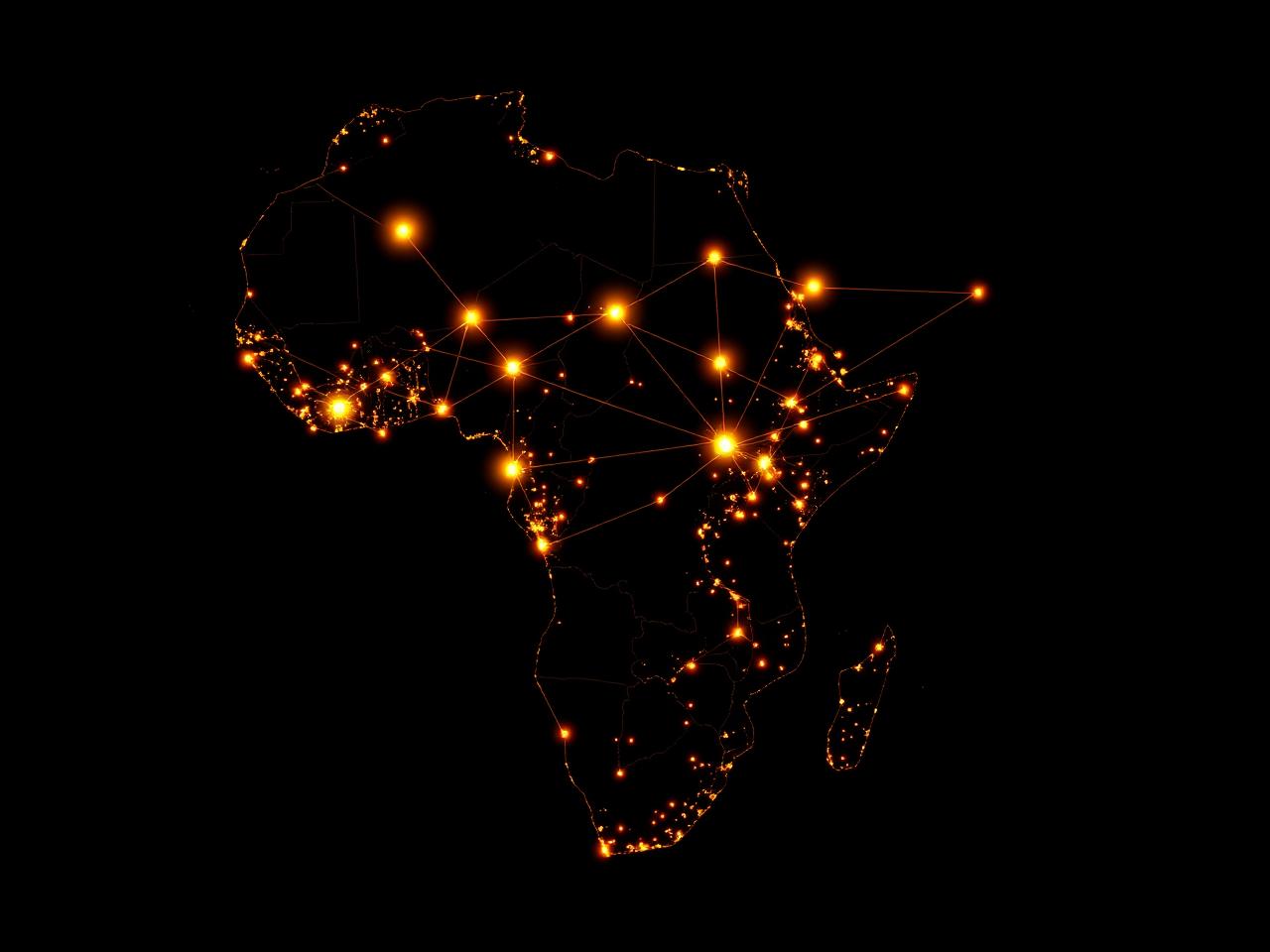 Glowing network of data nodes across a map of Africa